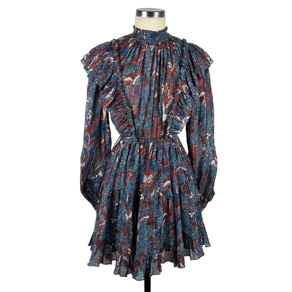 ULLA JOHNSON Vienne Bird Of Paradise Mini Dress Azul Women's 2 Glitter Boho Glam